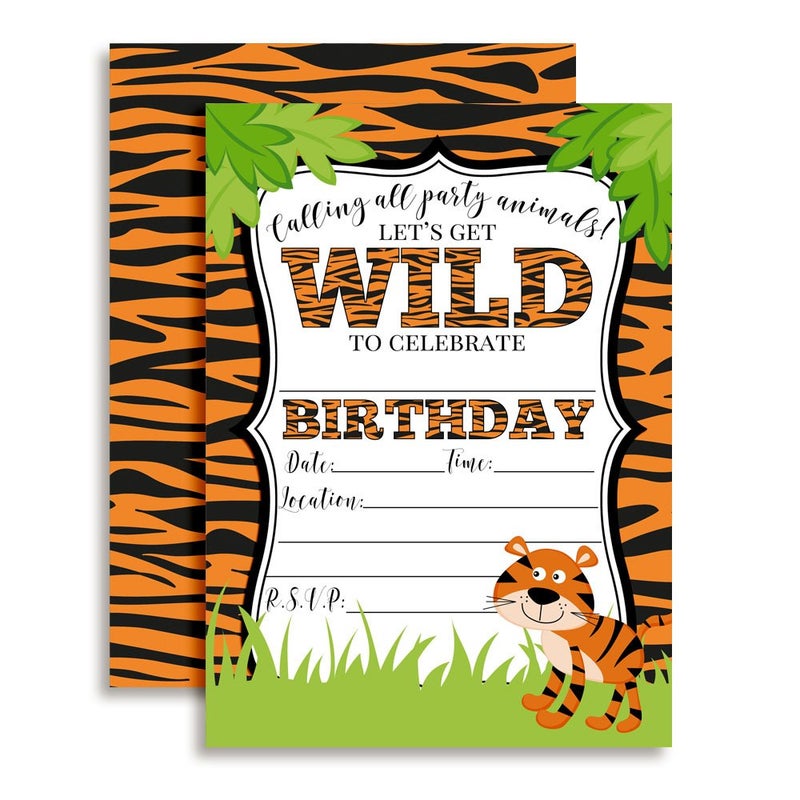 Amanda Creation Tiger Birthday Party Invitations for a WILD time, 20 5x7 Fill In Cards with Twenty White Envelopes by AmandaCreation. - Image 1